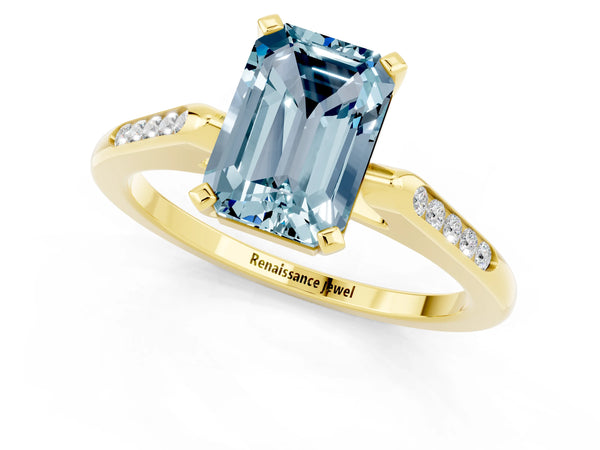 Yellow gold Emerald Cut Aquamarine Solitaire Ring with Channel Set Round  Band and Prong Setting
