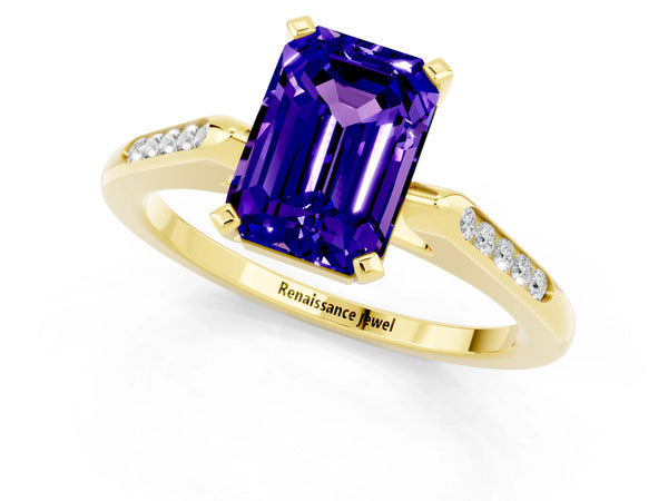 Yellow gold Emerald Cut Tanzanite Solitaire Ring with Channel Set Round  Band and Prong Setting