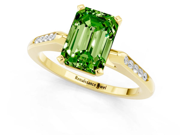 Yellow gold Emerald Cut Peridot Solitaire Ring with Channel Set Round  Band and Prong Setting