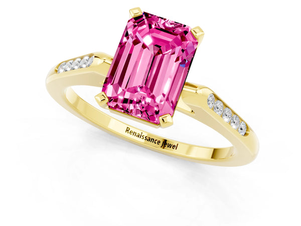Yellow gold Emerald Cut Pink Sapphire Solitaire Ring with Channel Set Round  Band and Prong Setting