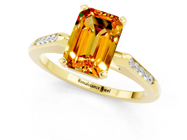 Yellow gold Emerald Cut Citrine Solitaire Ring with Channel Set Round  Band and Prong Setting