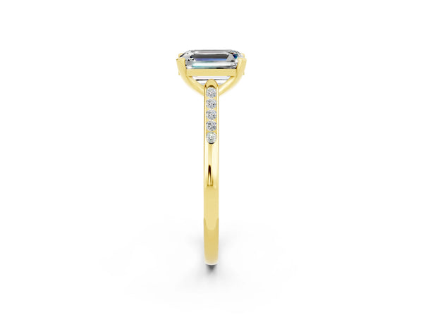 Yellow gold Emerald Cut Moissanite Solitaire Ring with Channel Set Round  Band and Prong Setting