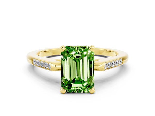 Yellow gold Emerald Cut Peridot Solitaire Ring with Channel Set Round  Band and Prong Setting