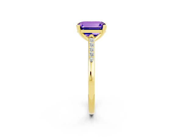 Yellow gold Emerald Cut Tanzanite Solitaire Ring with Channel Set Round  Band and Prong Setting
