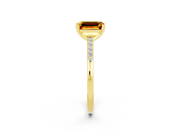 Yellow gold Emerald Cut Citrine Solitaire Ring with Channel Set Round  Band and Prong Setting