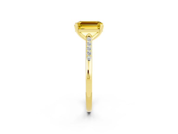 Yellow gold Emerald Cut Yellow Sapphire Solitaire Ring with Channel Set Round  Band and Prong Setting