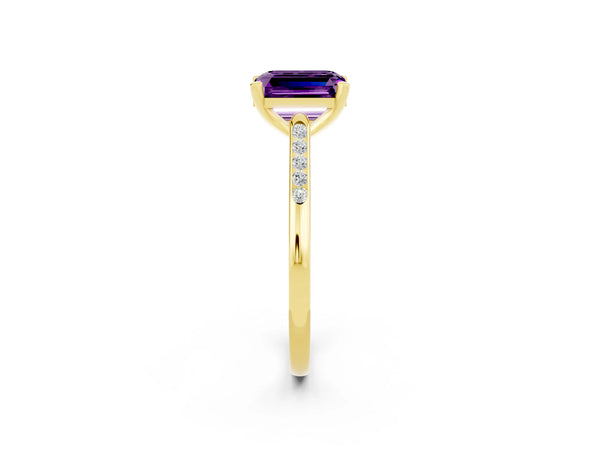 Yellow gold Emerald Cut Amethyst Solitaire Ring with Channel Set Round  Band and Prong Setting
