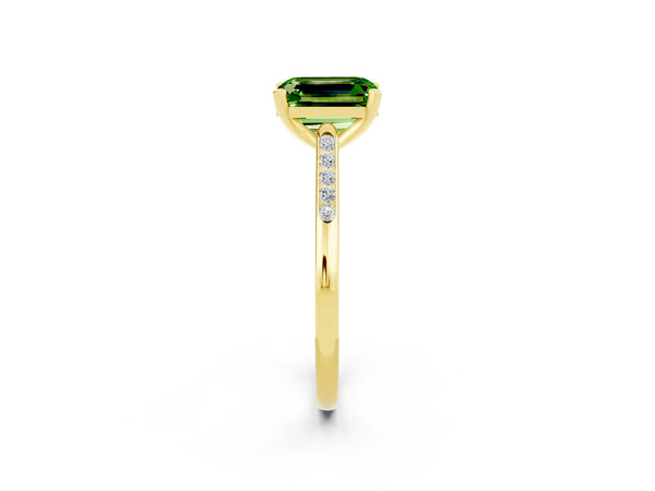 Yellow gold Emerald Cut Peridot Solitaire Ring with Channel Set Round  Band and Prong Setting