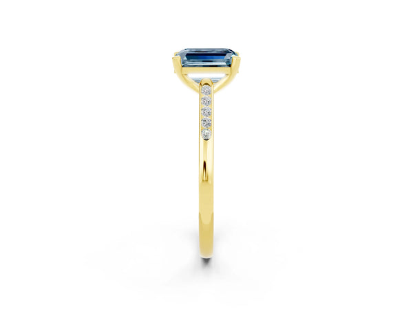 Yellow gold Emerald Cut Aquamarine Solitaire Ring with Channel Set Round  Band and Prong Setting