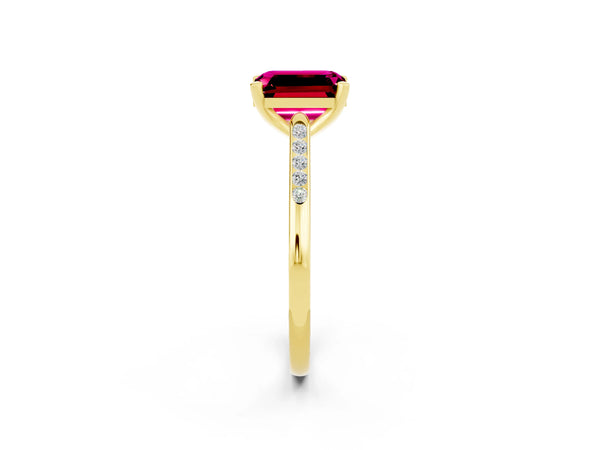 Yellow gold Emerald Cut Garnet Solitaire Ring with Channel Set Round  Band and Prong Setting