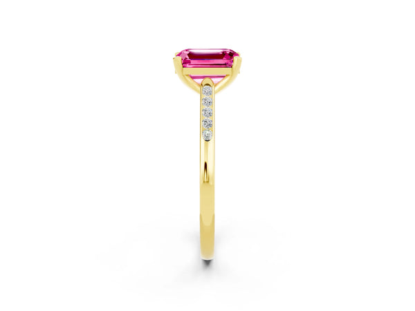 Yellow gold Emerald Cut Pink Sapphire Solitaire Ring with Channel Set Round  Band and Prong Setting