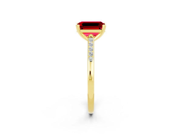 Yellow gold Emerald Cut Ruby Solitaire Ring with Channel Set Round  Band and Prong Setting