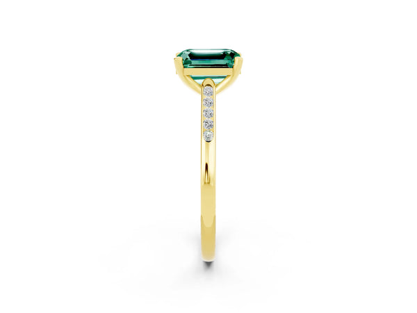 Yellow gold Emerald Cut Green Sapphire Solitaire Ring with Channel Set Round  Band and Prong Setting