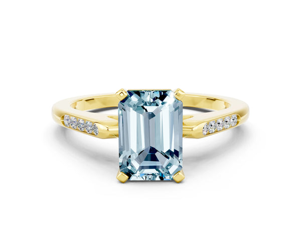 Yellow gold Emerald Cut Aquamarine Solitaire Ring with Channel Set Round  Band and Prong Setting