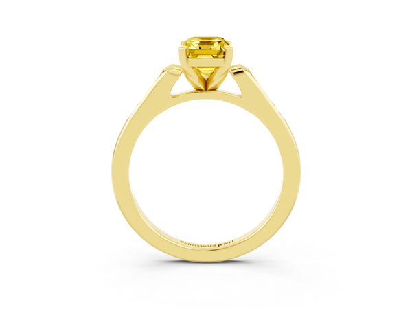 Yellow gold Emerald Cut Yellow Sapphire Solitaire Ring with Channel Set Round  Band and Prong Setting