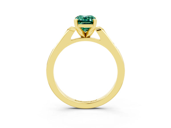 Yellow gold Emerald Cut Green Sapphire Solitaire Ring with Channel Set Round  Band and Prong Setting