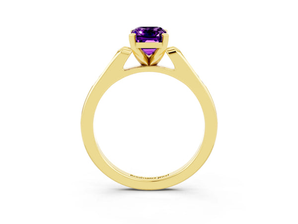 Yellow gold Emerald Cut Amethyst Solitaire Ring with Channel Set Round  Band and Prong Setting