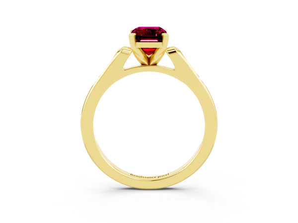 Yellow gold Emerald Cut Garnet Solitaire Ring with Channel Set Round  Band and Prong Setting