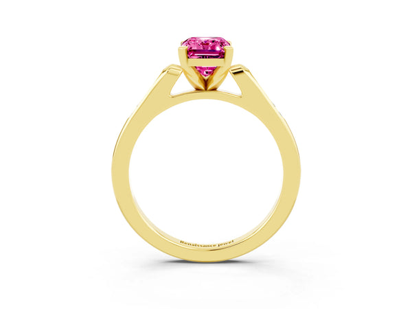 Yellow gold Emerald Cut Pink Sapphire Solitaire Ring with Channel Set Round  Band and Prong Setting