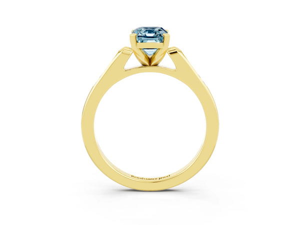 Yellow gold Emerald Cut Aquamarine Solitaire Ring with Channel Set Round  Band and Prong Setting