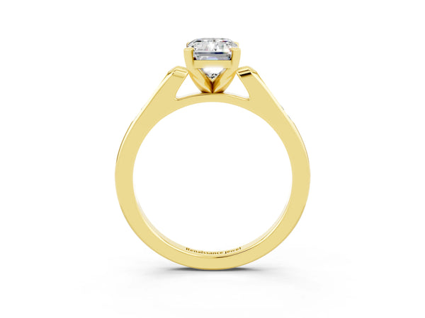 Yellow gold Emerald Cut Moissanite Solitaire Ring with Channel Set Round  Band and Prong Setting