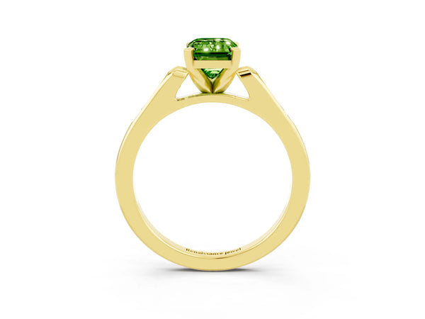 Yellow gold Emerald Cut Peridot Solitaire Ring with Channel Set Round  Band and Prong Setting