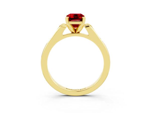 Yellow gold Emerald Cut Ruby Solitaire Ring with Channel Set Round  Band and Prong Setting