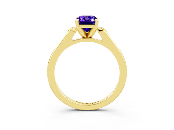 Yellow gold Emerald Cut Tanzanite Solitaire Ring with Channel Set Round  Band and Prong Setting