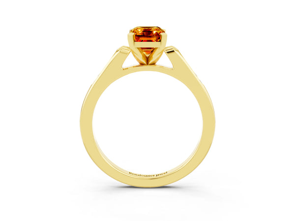 Yellow gold Emerald Cut Citrine Solitaire Ring with Channel Set Round  Band and Prong Setting