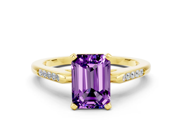 Yellow gold Emerald Cut Amethyst Solitaire Ring with Channel Set Round  Band and Prong Setting