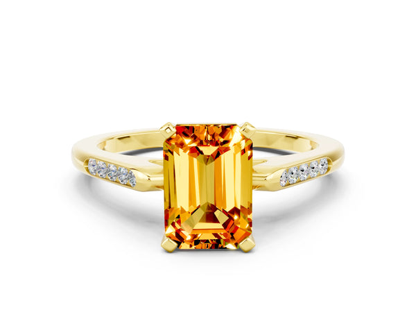 Yellow gold Emerald Cut Citrine Solitaire Ring with Channel Set Round  Band and Prong Setting