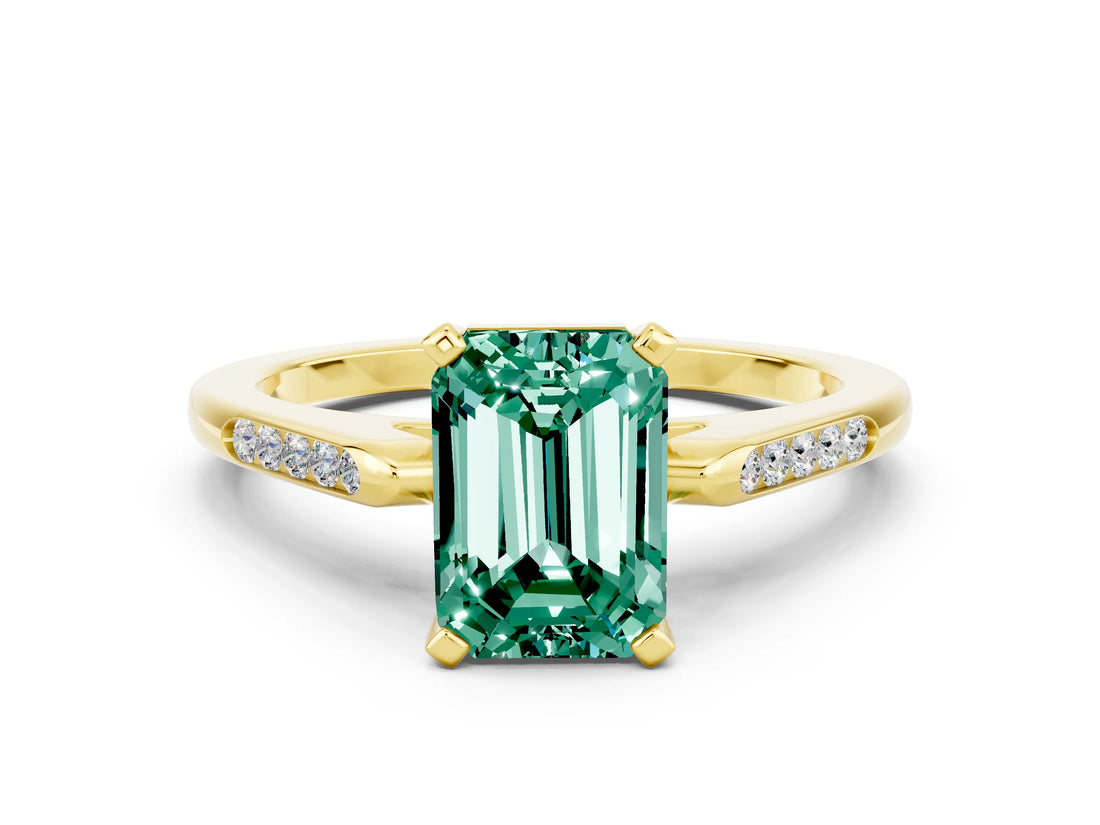 Yellow gold Emerald Cut Cut Channel Set Solitaire Engagement Ring with Four-Prong Setting