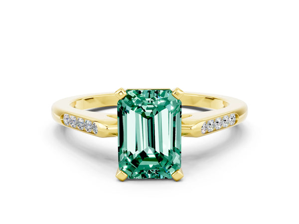 Yellow gold Emerald Cut Green Sapphire Solitaire Ring with Channel Set Round  Band and Prong Setting
