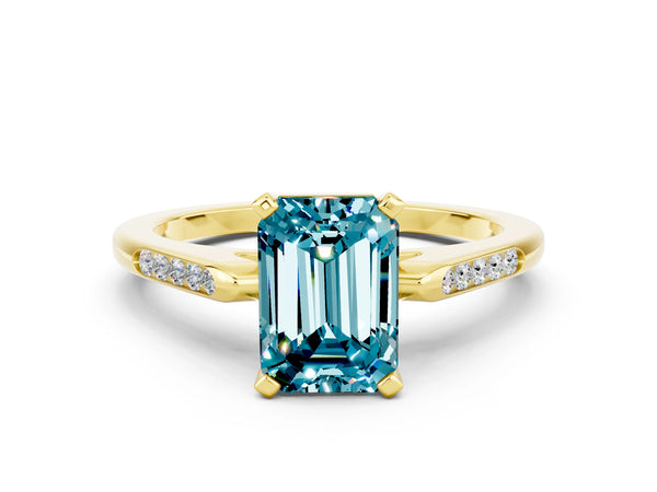 Yellow gold Emerald Cut Blue Topaz Solitaire Ring with Channel Set Round  Band and Prong Setting