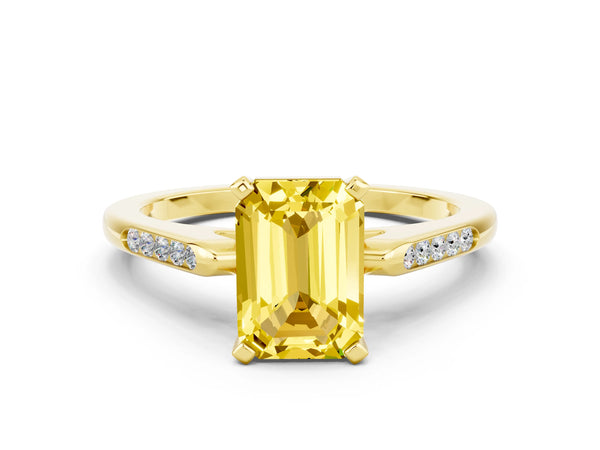 Yellow gold Emerald Cut Yellow Sapphire Solitaire Ring with Channel Set Round  Band and Prong Setting