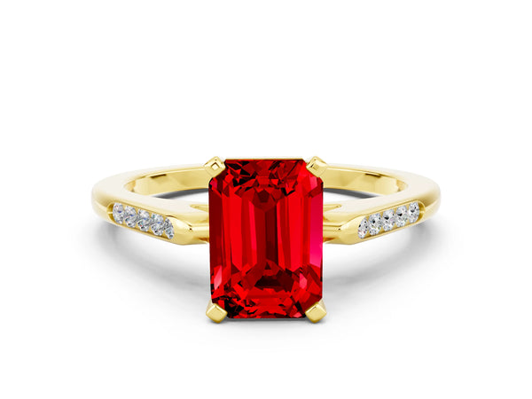 Yellow gold Emerald Cut Ruby Solitaire Ring with Channel Set Round  Band and Prong Setting