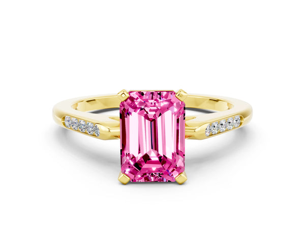 Yellow gold Emerald Cut Pink Sapphire Solitaire Ring with Channel Set Round  Band and Prong Setting