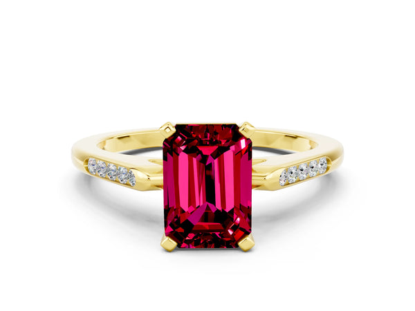 Yellow gold Emerald Cut Garnet Solitaire Ring with Channel Set Round  Band and Prong Setting