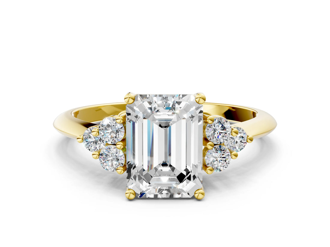 Yellow gold Emerald Cut Cut Diamond Cluster Ring with Solitaire Band and Four-Prong Setting_3