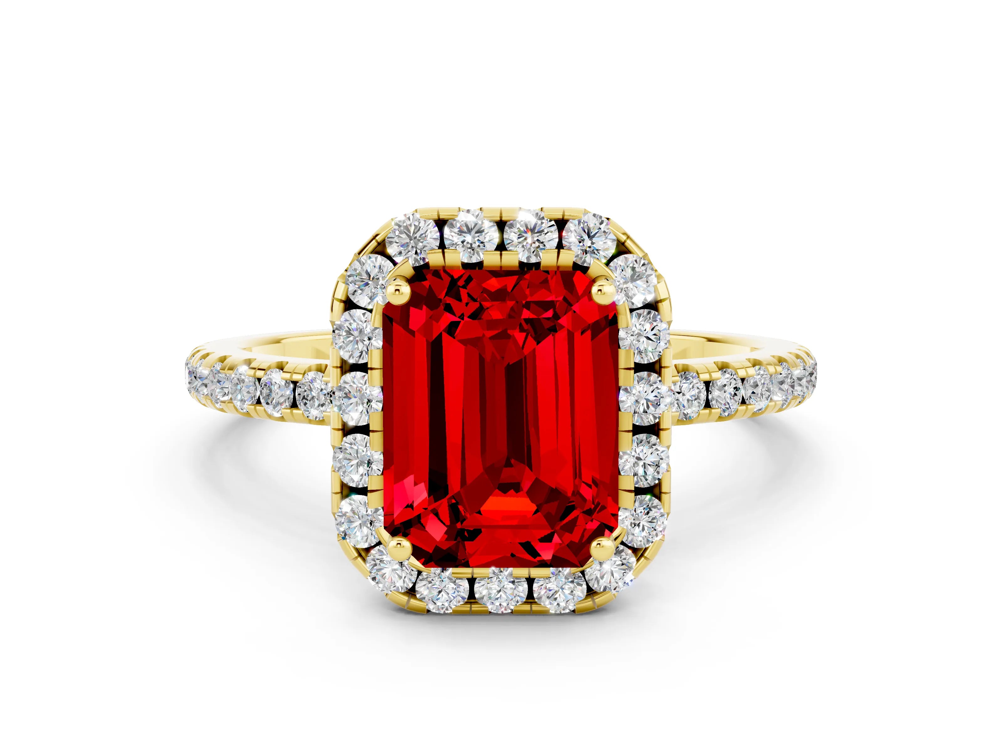 Yellow gold Emerald Cut Cut Diamond Floral Halo Engagement Ring with Pavé Band and Prong Setting