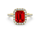 Yellow gold Emerald Cut Cut Diamond Floral Halo Engagement Ring with Pavé Band and Prong Setting