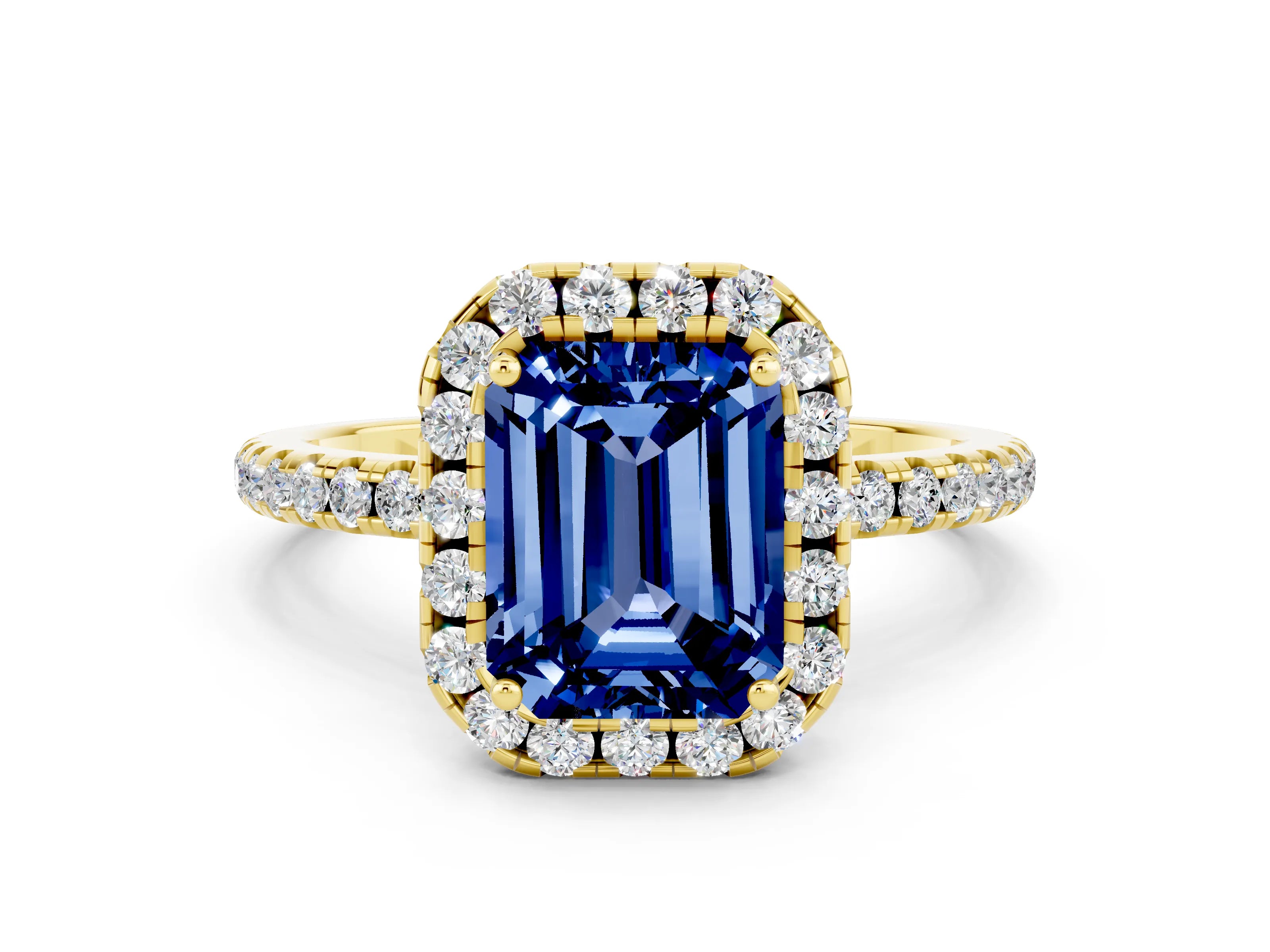 Yellow gold Emerald Cut Cut Diamond Floral Halo Engagement Ring with Pavé Band and Prong Setting