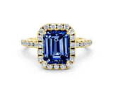 Yellow gold Emerald Cut Cut Diamond Floral Halo Engagement Ring with Pavé Band and Prong Setting