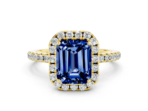 Yellow gold Emerald Cut Cut Diamond Floral Halo Engagement Ring with Pavé Band and Prong Setting