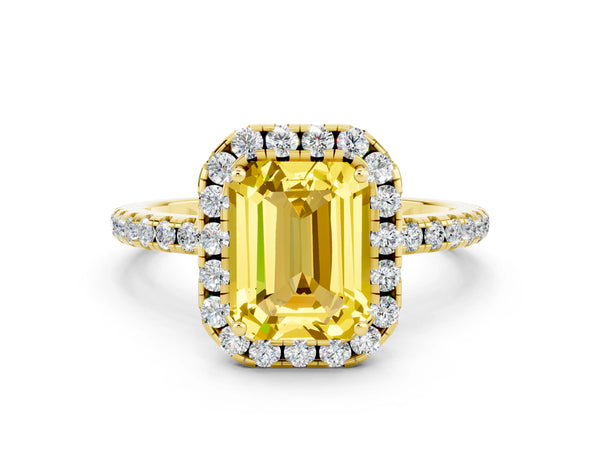 Yellow gold Emerald Cut Yellow Sapphire Halo Engagement Ring with Round Pavé Band and Prong Setting