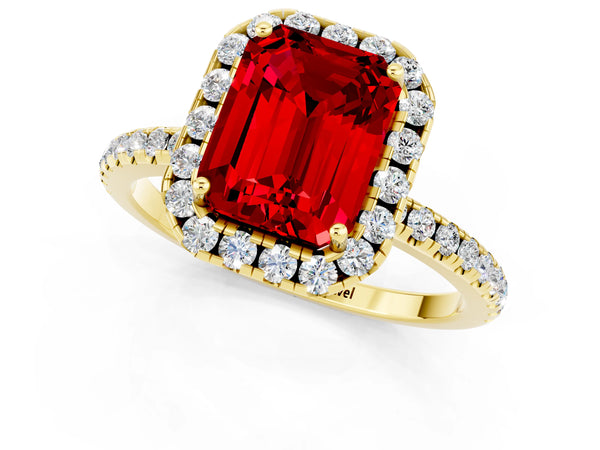 Yellow gold Emerald Cut Cut Diamond Floral Halo Engagement Ring with Pavé Band and Prong Setting