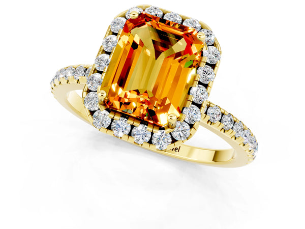 Yellow gold Emerald Cut Citrine Halo Engagement Ring with Round Pavé Band and Prong Setting