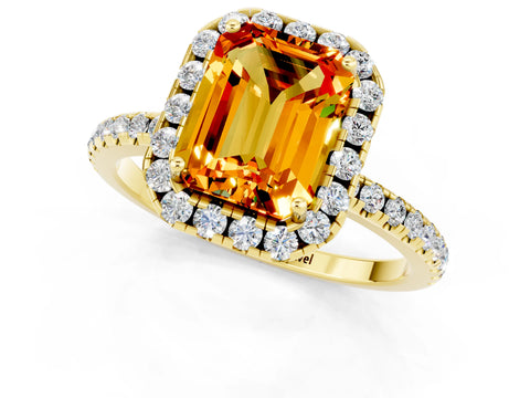Yellow gold Emerald Cut Cut Diamond Floral Halo Engagement Ring with Pavé Band and Prong Setting_1