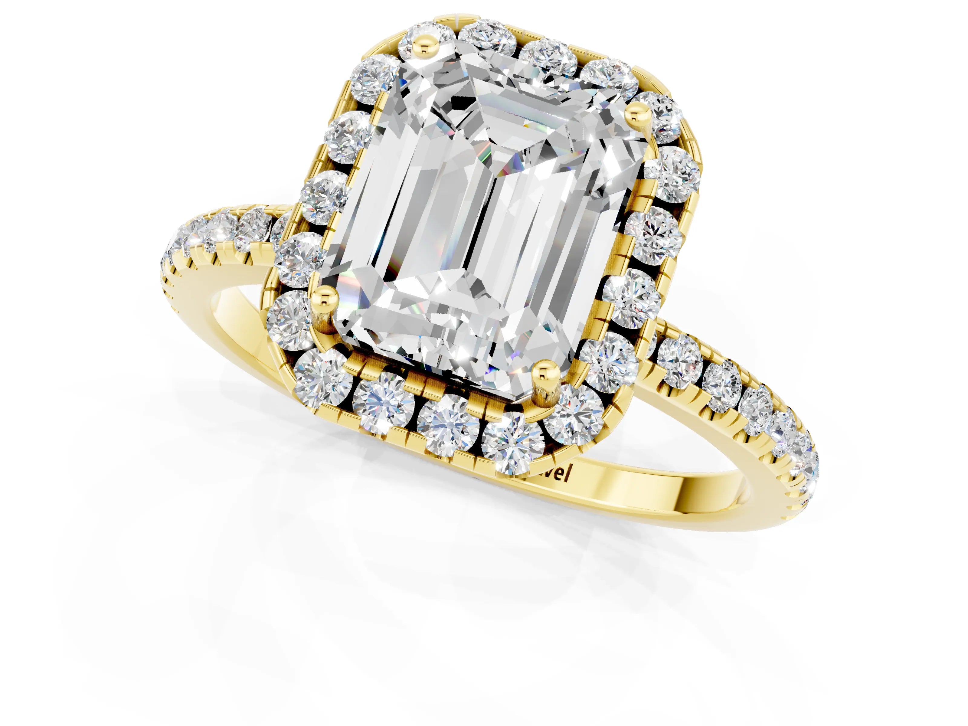 Yellow gold Emerald Cut Cut Diamond Floral Halo Engagement Ring with Pavé Band and Prong Setting_1