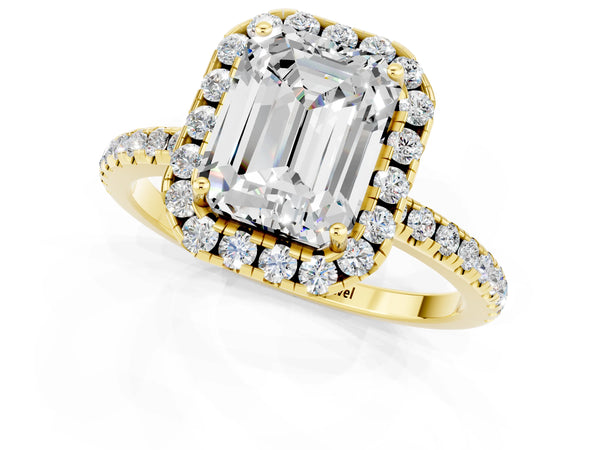Yellow gold Emerald Cut Moissanite Halo Engagement Ring with Round Pavé Band and Prong Setting